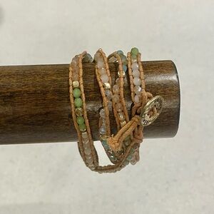 Premier Designs Green and Cream Beaded Wrap Bracelet